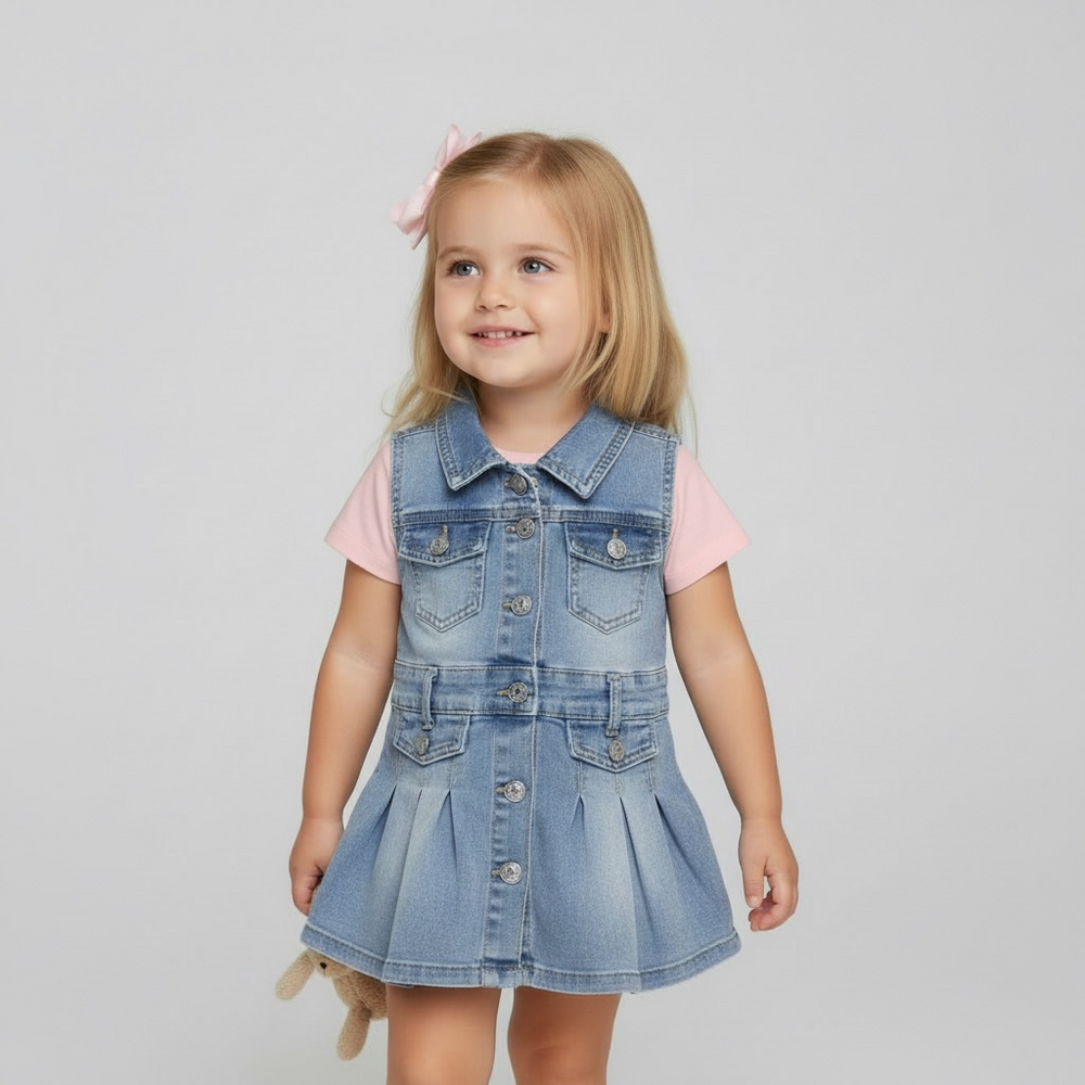 Salopette a vestitino in denim + t-shirt