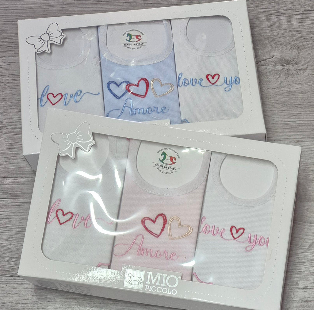 Set 3 Bavaglini Neonati Mio Piccolo Hearts Puro Cotone Vari Colori