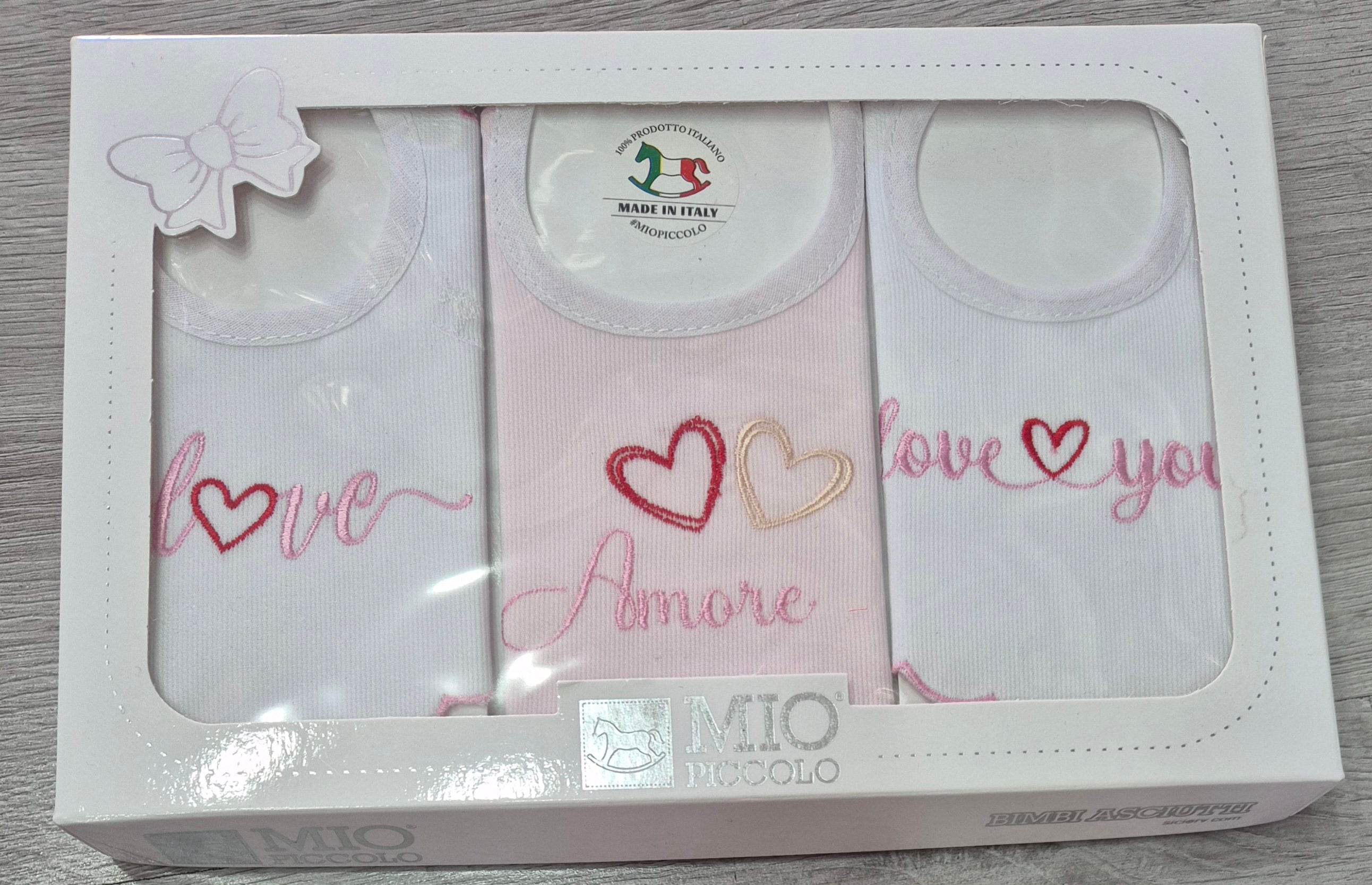 Set 3 Bavaglini Neonati Mio Piccolo Hearts Puro Cotone Vari Colori