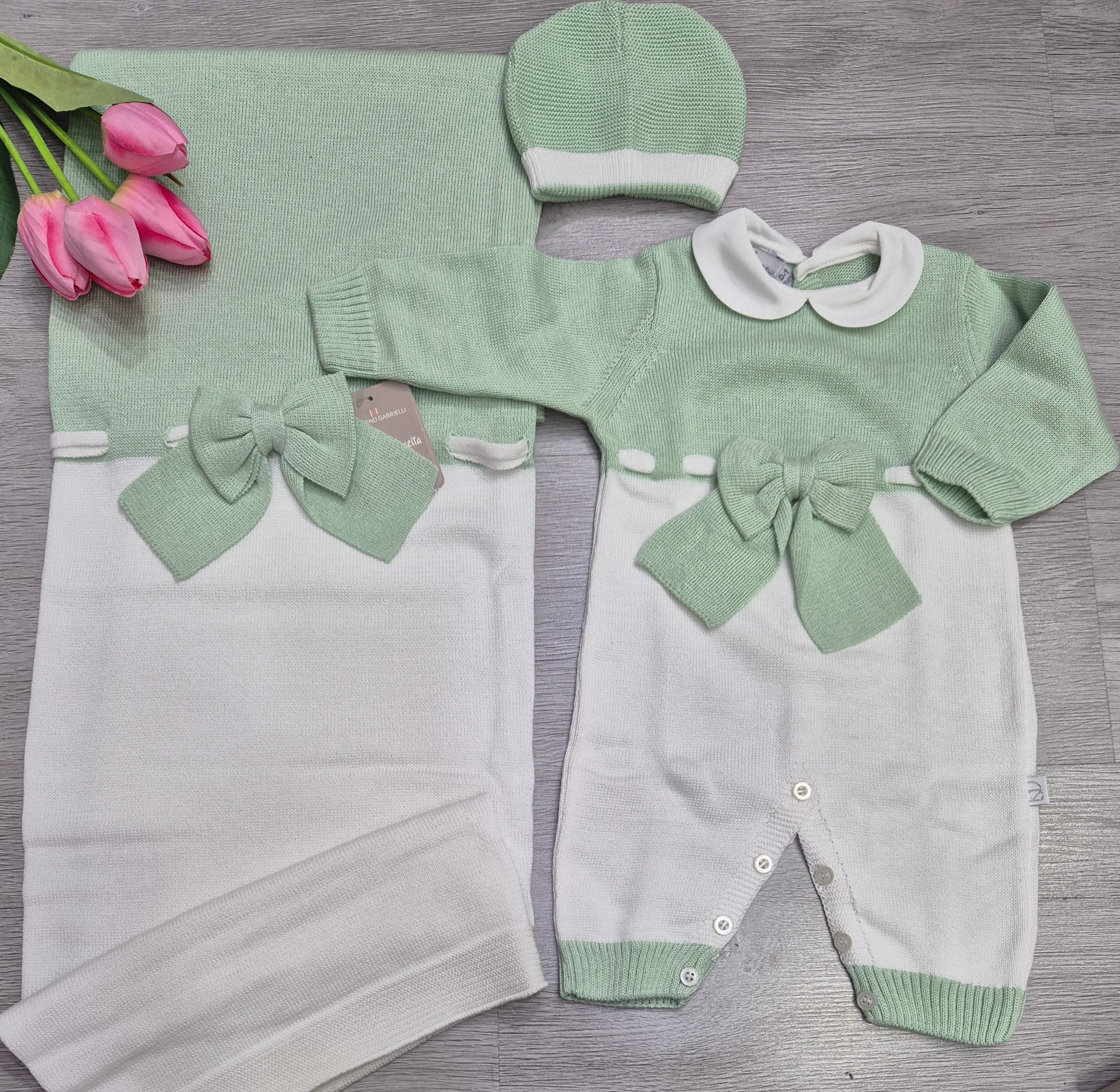 Set nascita fiocco in filo di cotone verde o rosa