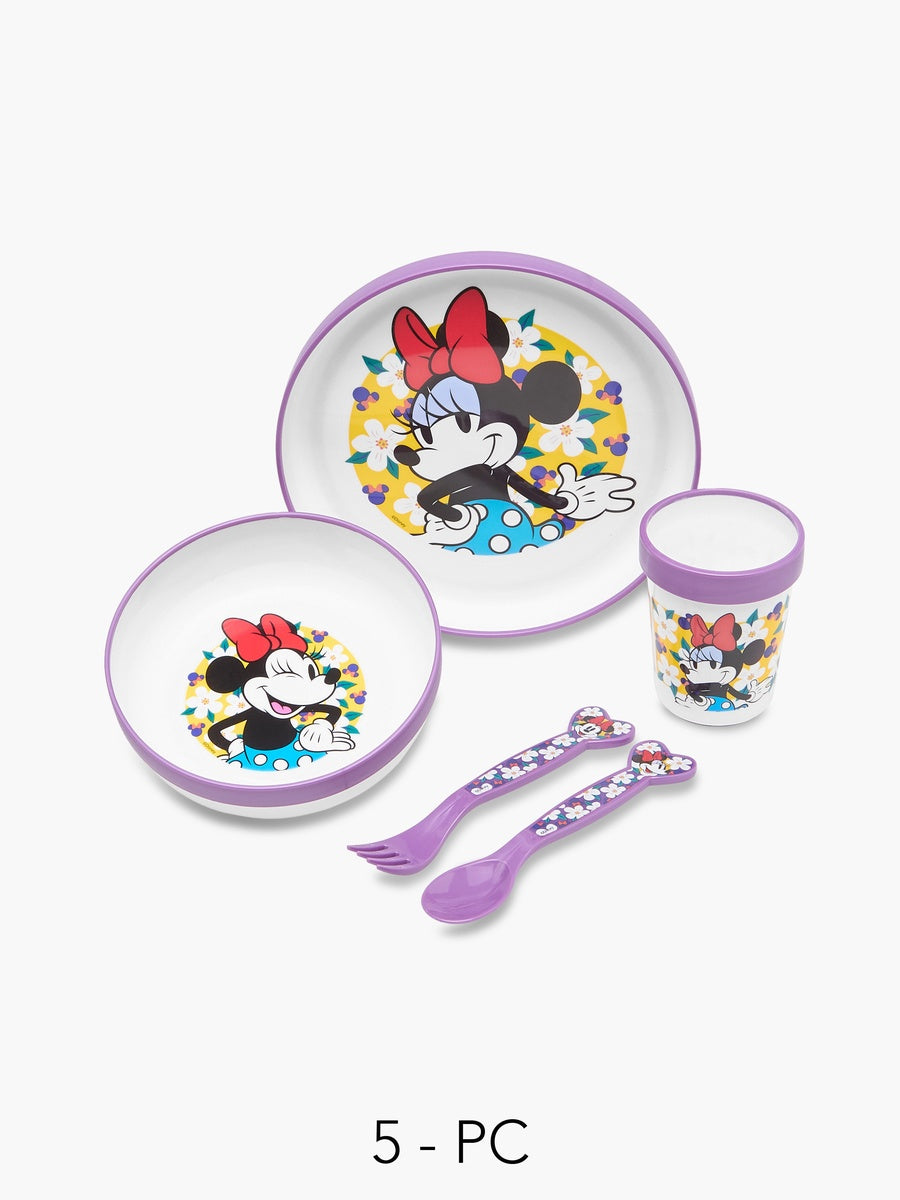 Set di Stoviglie per Bambini Minni con Base Antiscivolo, Piatto, Ciotola, Bicchiere 260ml e Posate, Adatto Microonde, Senza BPA