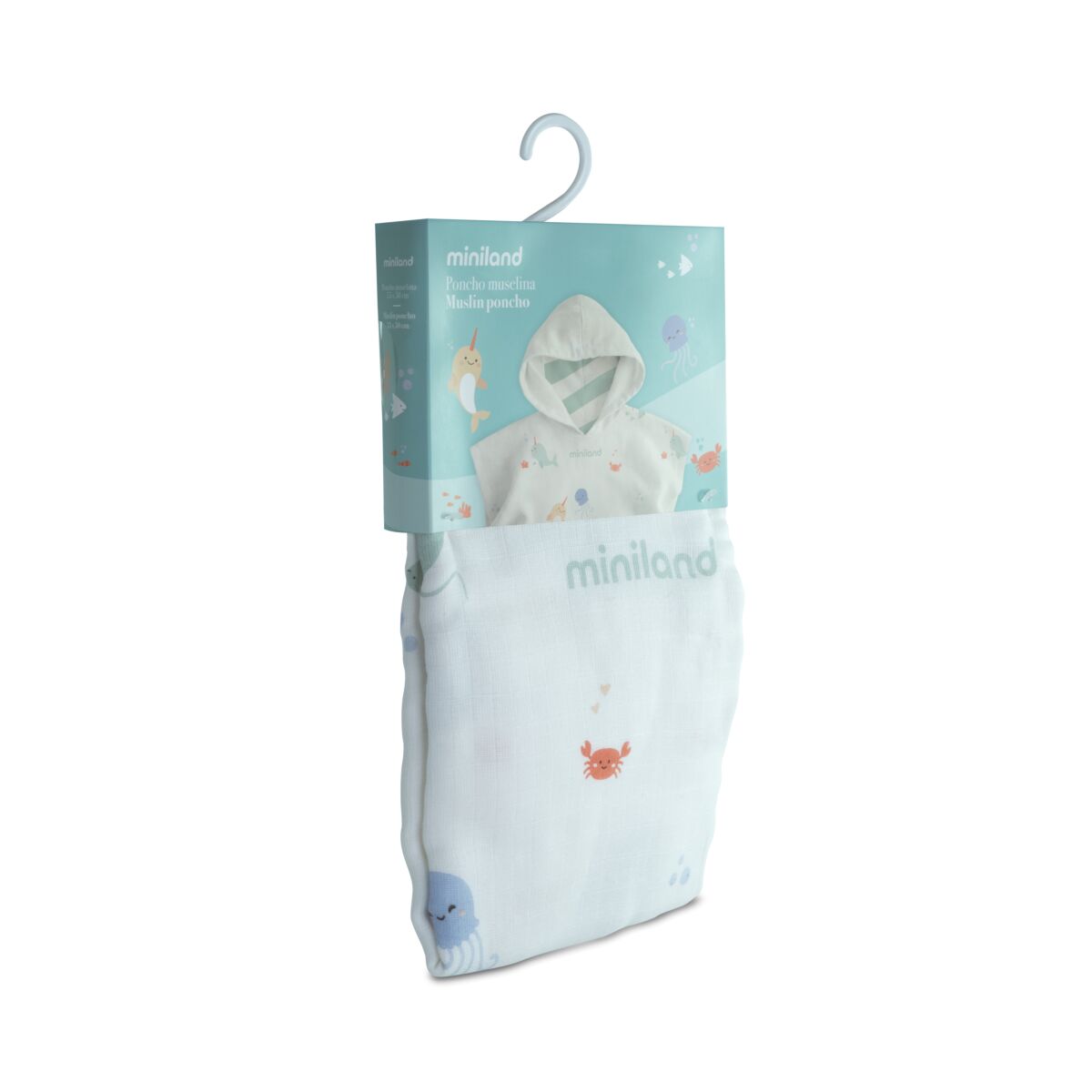 Miniland - Poncho Asciugamano con Cappuccio per Neonato, Telo da Bagno in Mussola, Morbido, Leggero e Traspirante