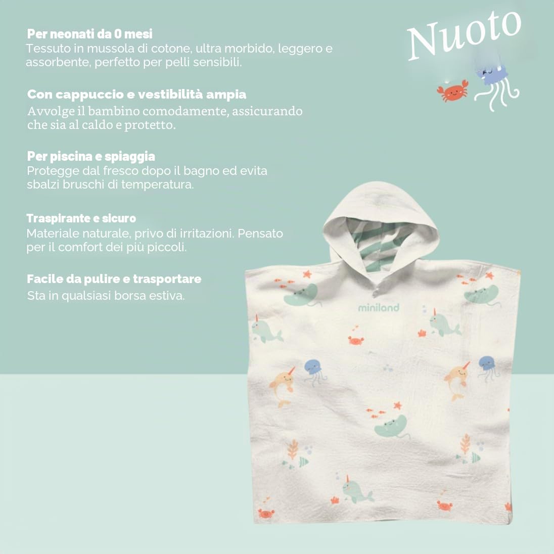 Miniland - Poncho Asciugamano con Cappuccio per Neonato, Telo da Bagno in Mussola, Morbido, Leggero e Traspirante