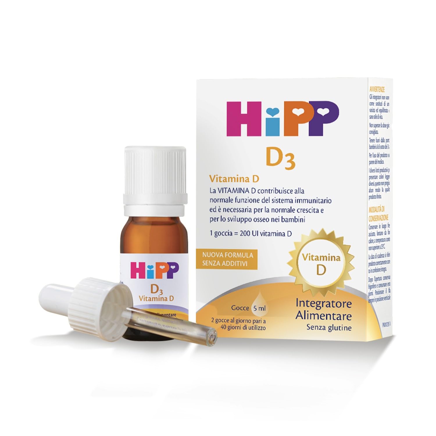 HiPP D3, Vitamina D3, Integratore Alimentare, Bambini, in Gocce, Flacone 5 ml, con Pratica Pipetta Contagocce, Senza Glutine, Senza Additivi