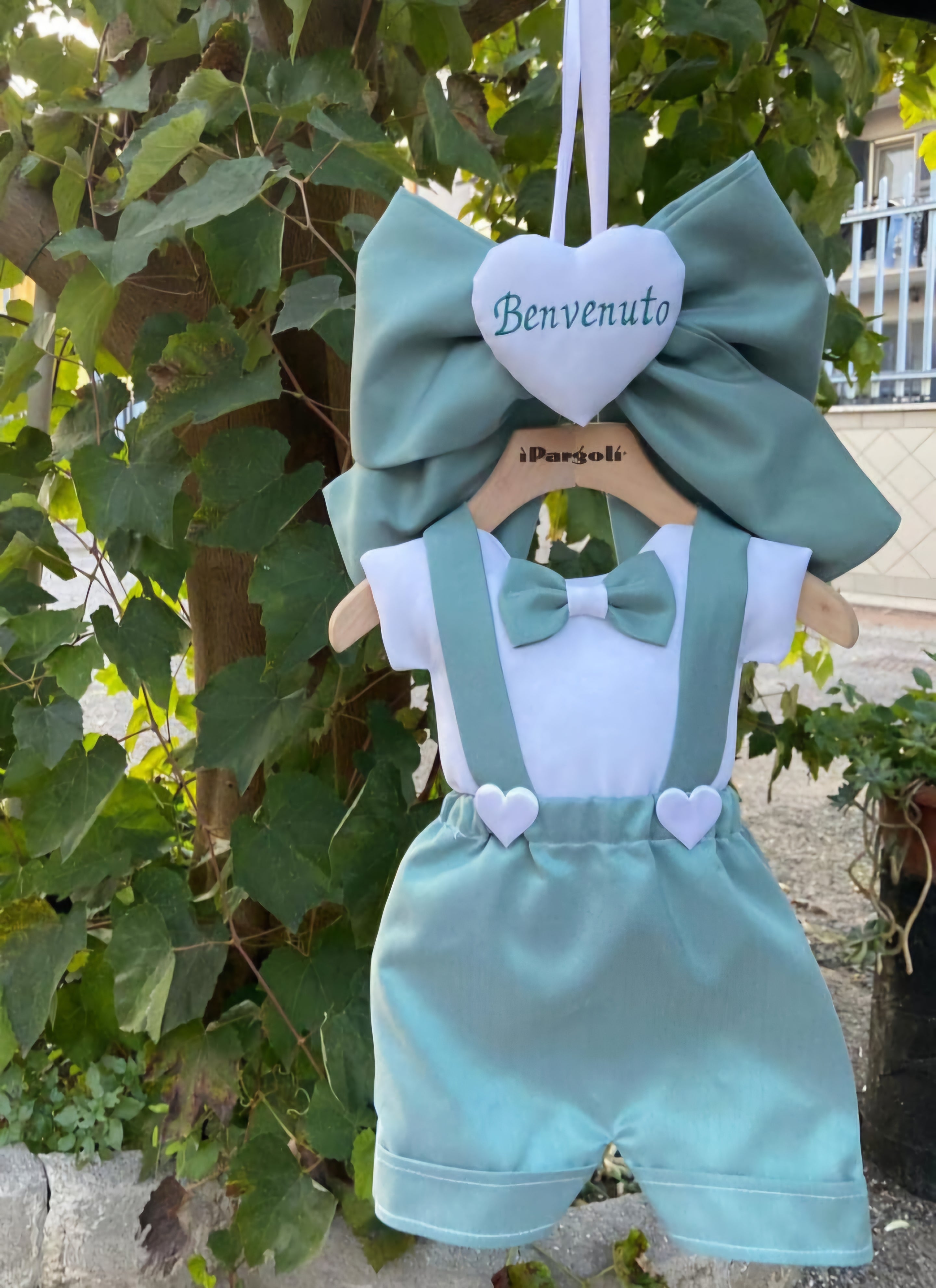 Fiocco Nascita Vestitino Azzurro e Verde 55cm