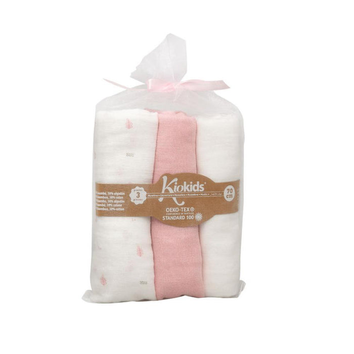 Set di 3 mussole rosa, bianco e stampa animaletti o foglioline 70x70 cm