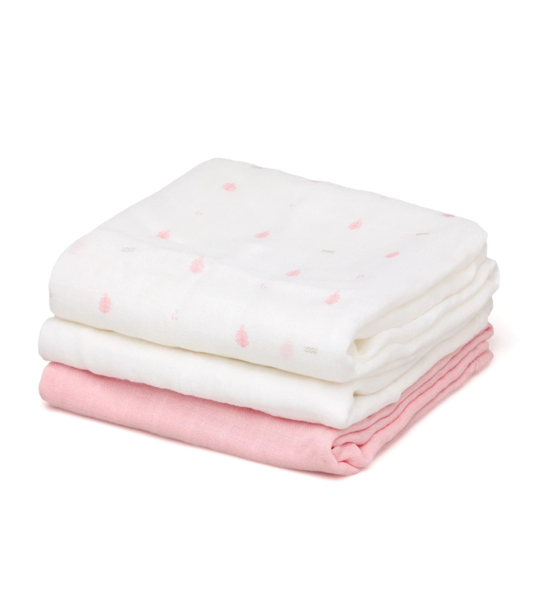 Set di 3 mussole rosa, bianco e stampa animaletti o foglioline 70x70 cm