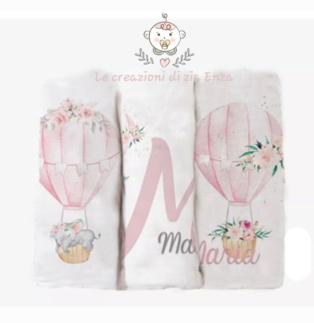 Set 3 Mussole 70x70 cm Personalizzate con Nome 100% cotone