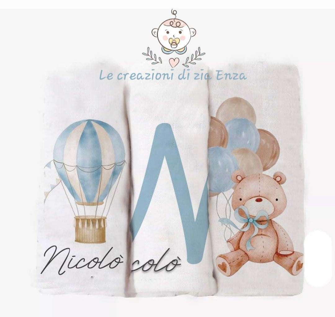 Set 3 Mussole 70x70 cm Personalizzate con Nome 100% cotone