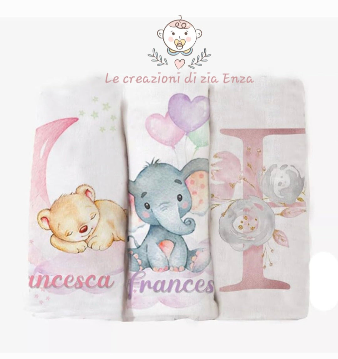Set 3 Mussole 70x70 cm Personalizzate con Nome 100% cotone