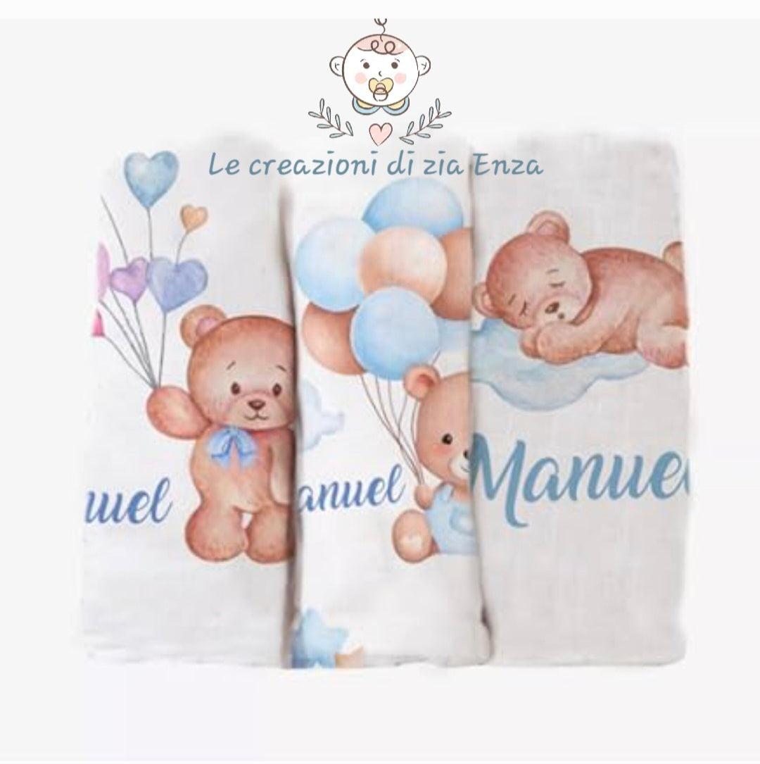 Set 3 Mussole 70x70 cm Personalizzate con Nome 100% cotone