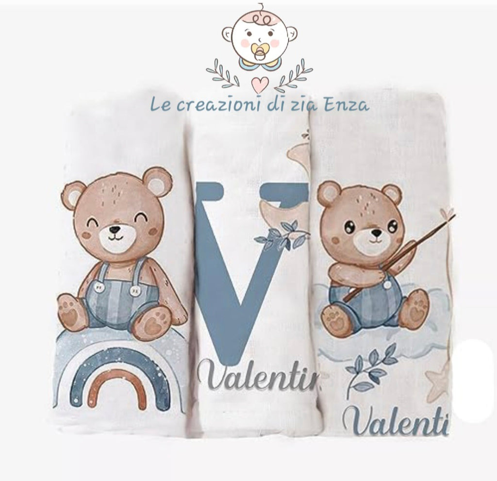 Set 3 Mussole 70x70 cm Personalizzate con Nome 100% cotone