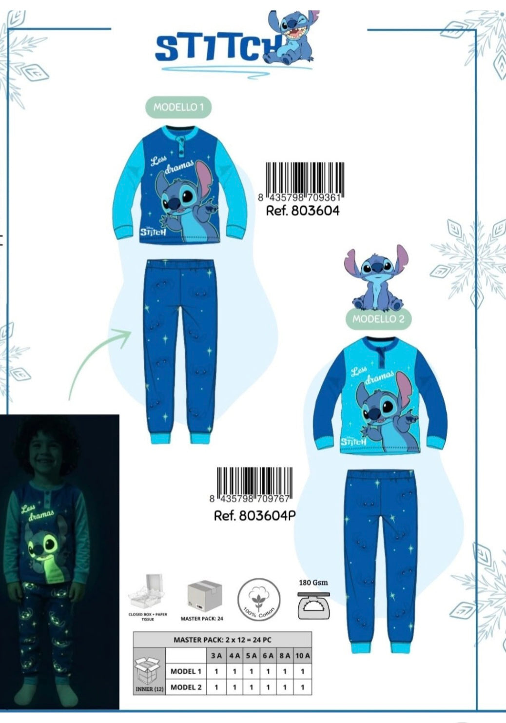 Pigiama fluirescente al buio STITCH BIMBO