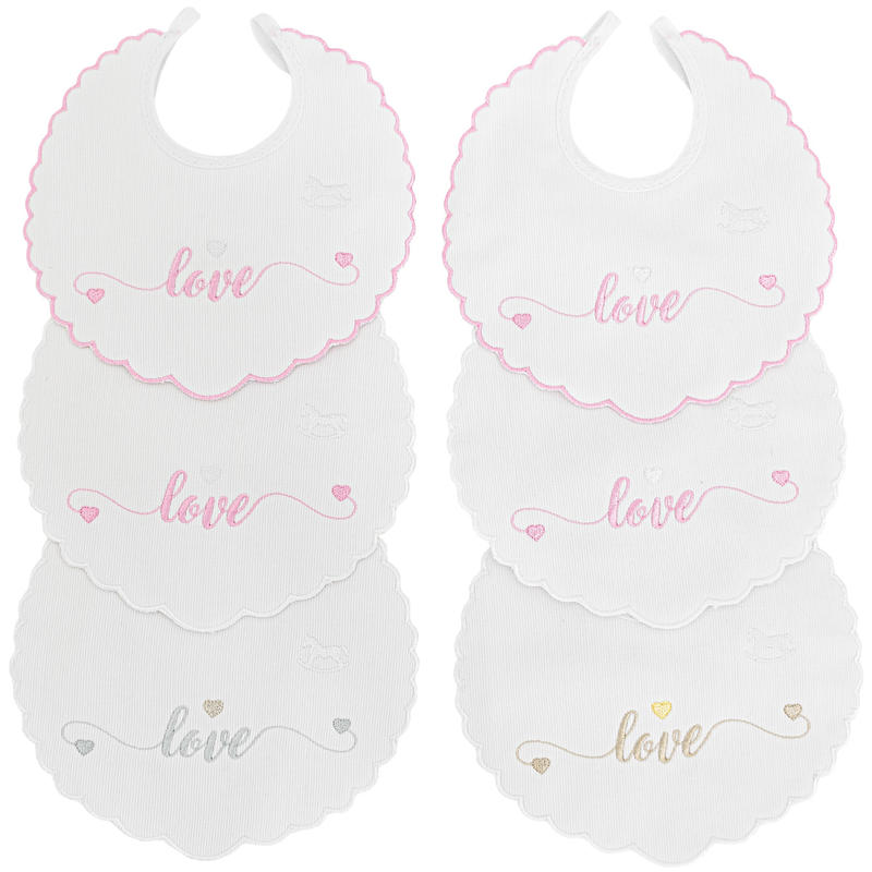 Bavaglino Mio Piccolo in cotone bianco con ricamo "love" e laccetti