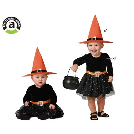 Costume bebé strega arancione bambina con cappello