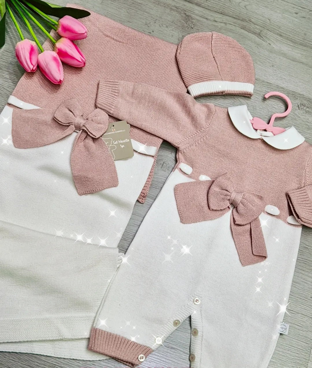 Set nascita fiocco in filo di cotone verde o rosa