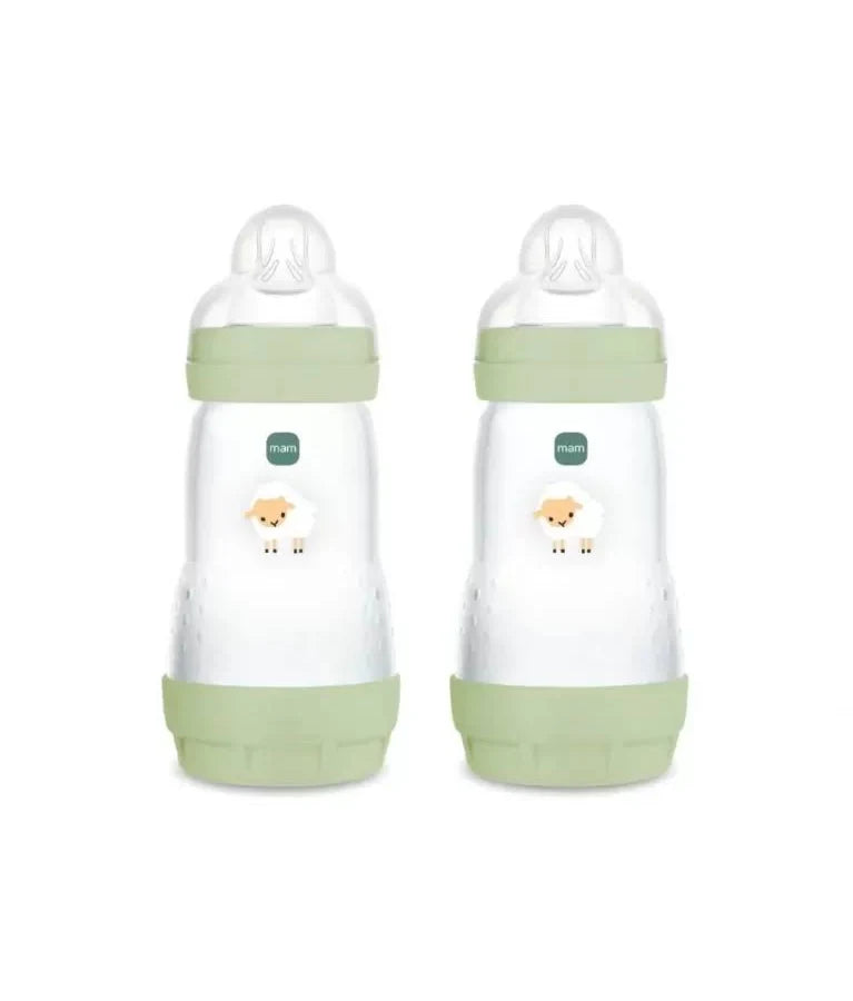 Mam biberon easy start 260 ml (set da 2), kit da 2 biberon anticolica per allattamento misto, verde, 2+ mesi