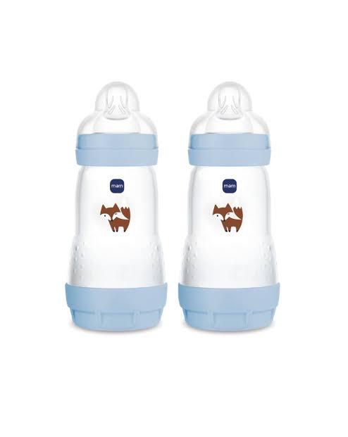 Mam biberon easy start 260 ml (set da 2), kit da 2 biberon anticolica per allattamento misto, azzurro, 2+ mesi