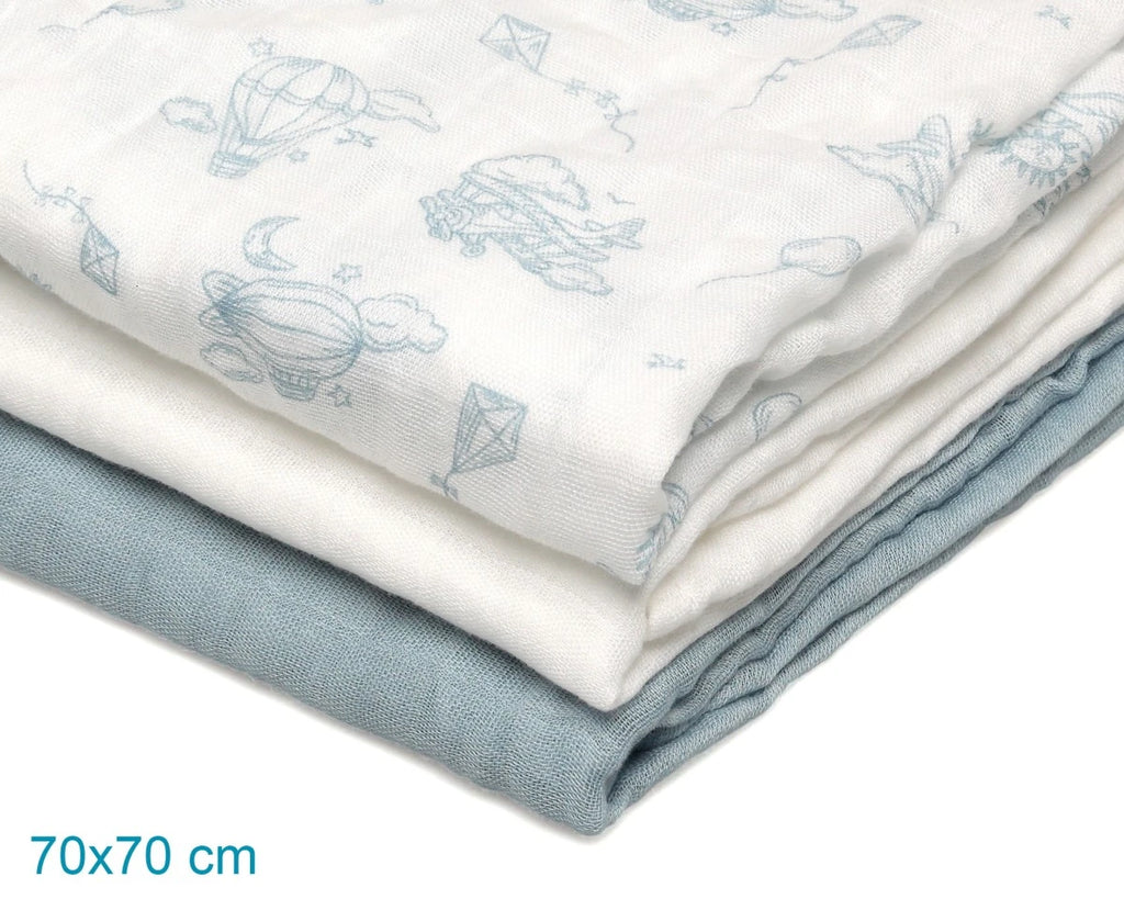 Set di 3 mussole blu, bianco e stampa aerei 70x70 cm