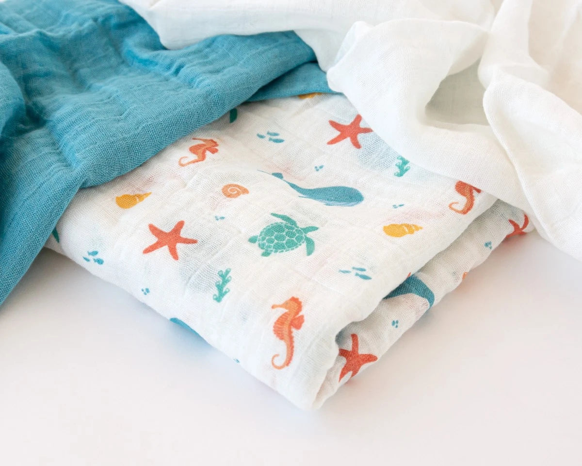 Set di 3 mussole blu, bianco e stampa marina 70x70 cm