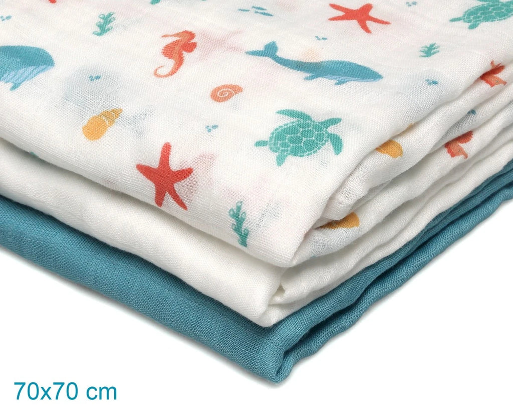 Set di 3 mussole blu, bianco e stampa marina 70x70 cm