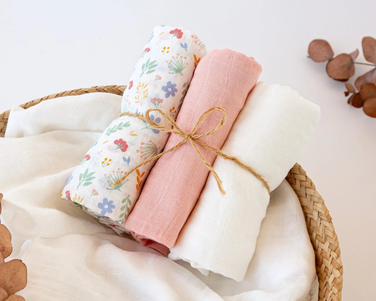 Set di 3 mussole rosa, bianco e stampa a fiorellini 70x70 cm