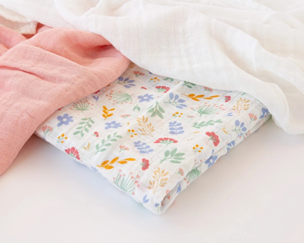 Set di 3 mussole rosa, bianco e stampa a fiorellini 70x70 cm