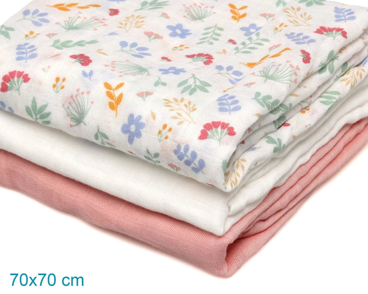 Set di 3 mussole rosa, bianco e stampa a fiorellini 70x70 cm