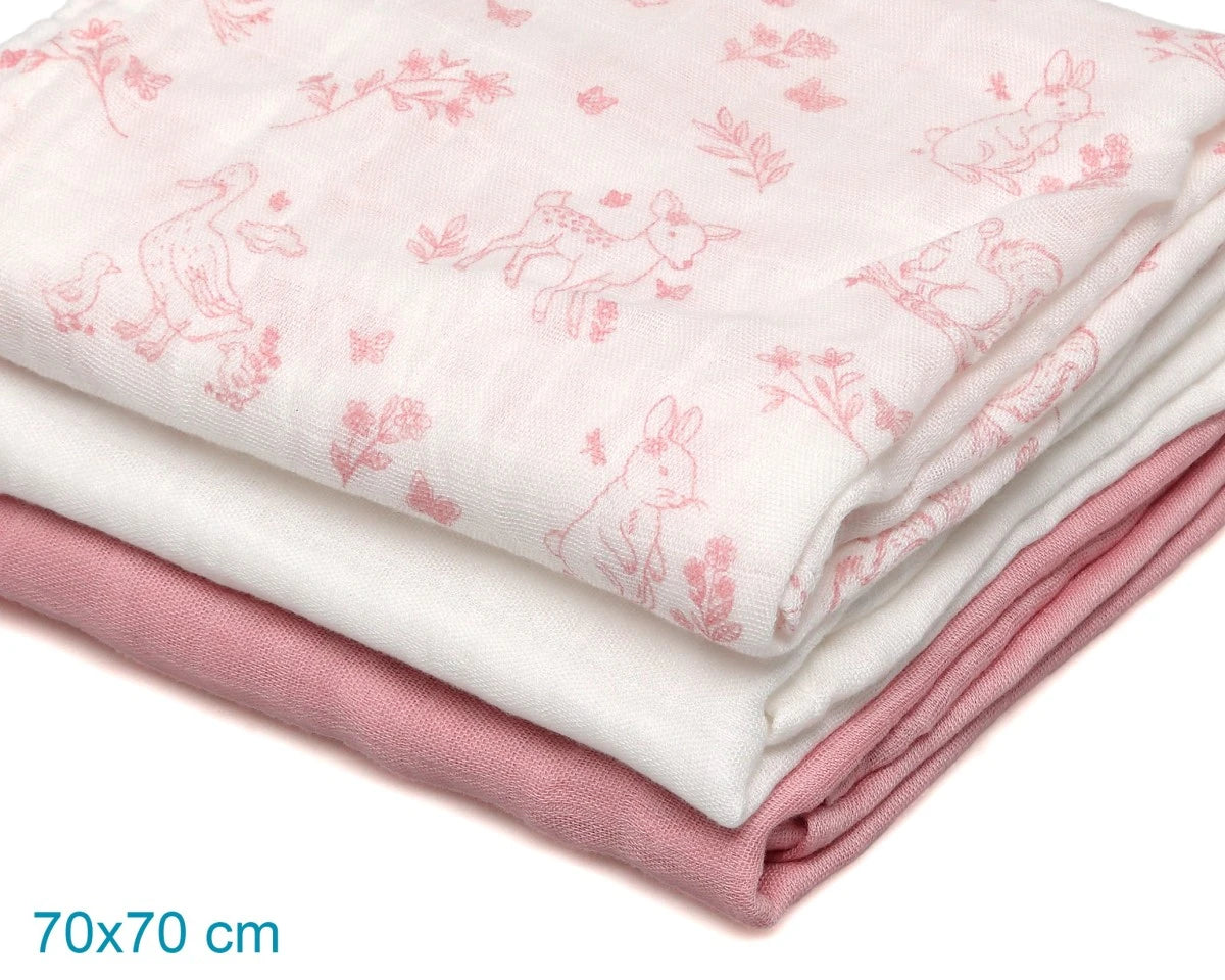 Set di 3 mussole rosa, bianco e stampa animaletti o foglioline 70x70 cm