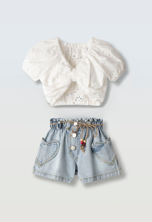 Completo bimba top pizzo+short denim